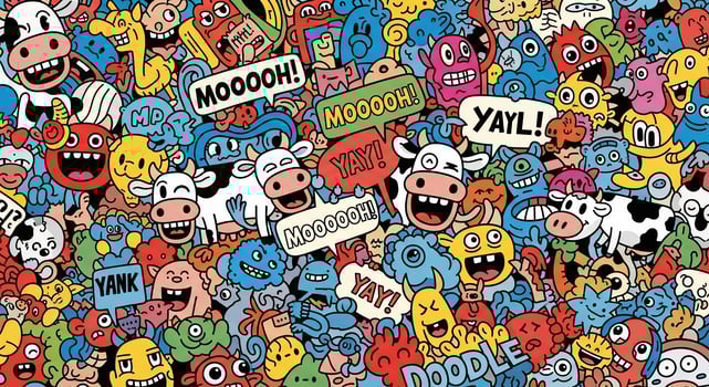 A large group of cartoon characters are all together photo