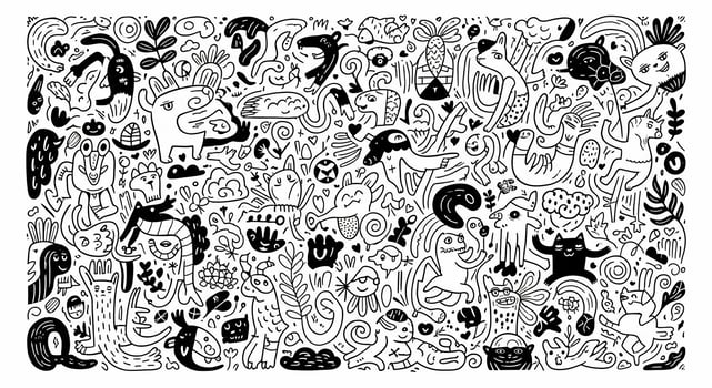 A black and white doodle drawing of a large group of animals photo