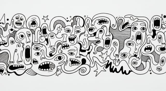 A black and white drawing of a bunch of faces photo