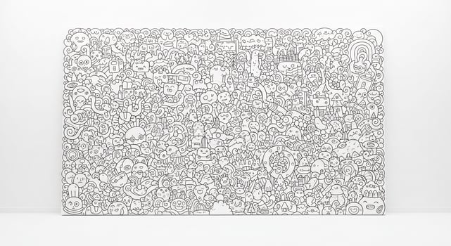 A large white wall with a large black and white drawing photo