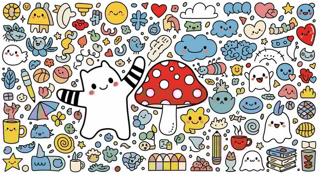 Kawaii illustration of cute cartoon animals and objects photo