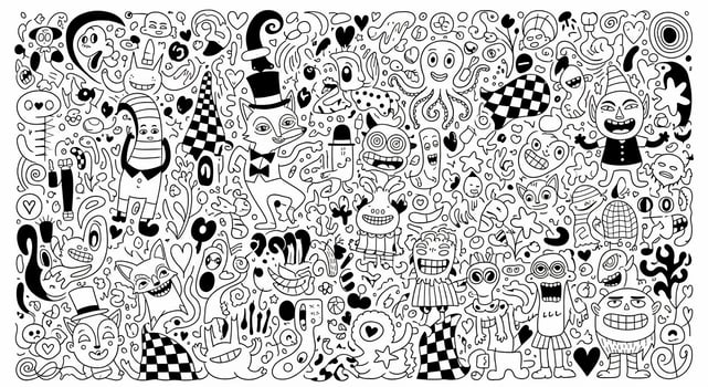 A large black and white doodle drawing of a lot of people photo