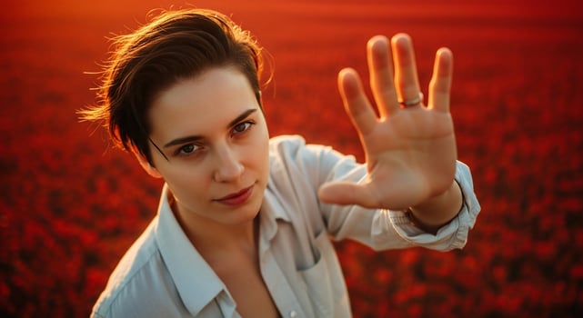 Young Woman with Short Hair Reaching Out Hand in Golden Hour Light Amidst Red Field photo