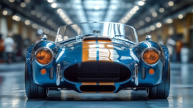 Vintage racing car with a classic design, parked in a sleek industrial garage photo