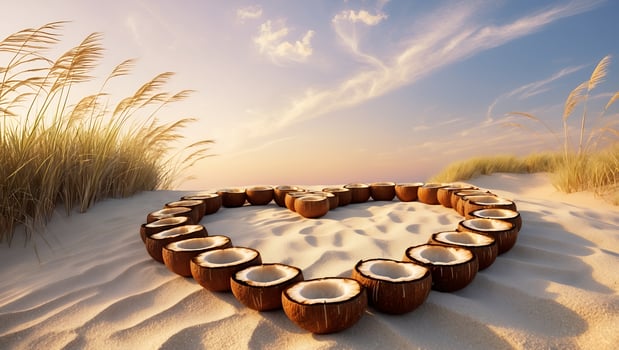 Heart Shape Made with Coconuts on Beach Sand at Sunset photo