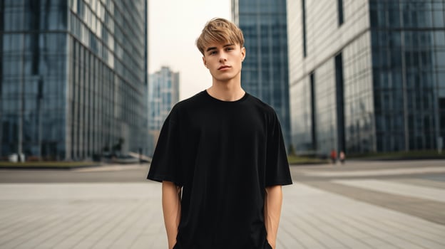 Young Man Black Tee Urban Portrait photo