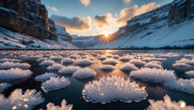 Ice Flowers Floating on Frozen Lake at Sunrise in Winter photo