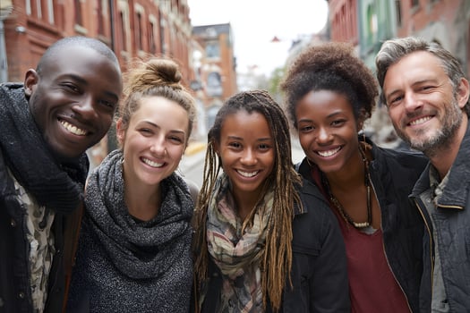 Group of Friends Smiling in City Street Environment photo