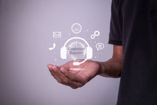 Customer support or customer care concept. Man showing virtual 24-7 support services. photo