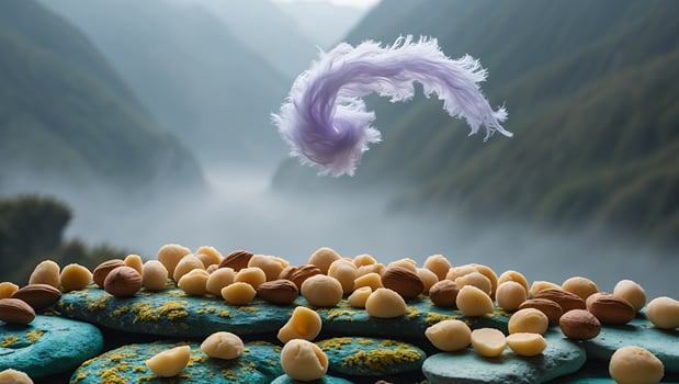 Nut Assortment Displayed with Feather Against Misty Mountain Background Landscape photo