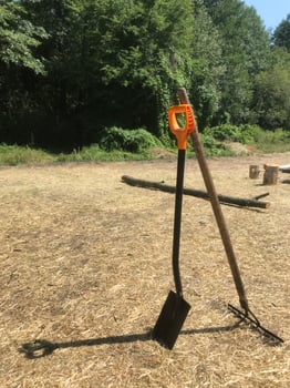 Garden tools resting in sunny clearing during summer afternoon photo