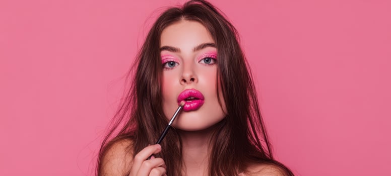 The vibrant model applying glossy lipstick with a playful expression against a pink backdrop. photo