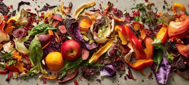 The vibrant collage of fruit and vegetable scraps on a table. photo