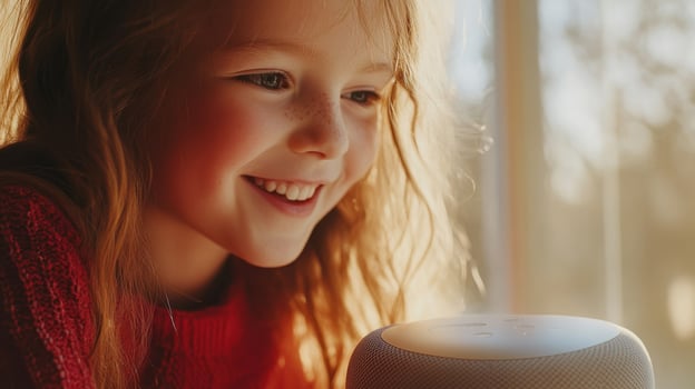 A young girl smiles while holding a smart speaker photo