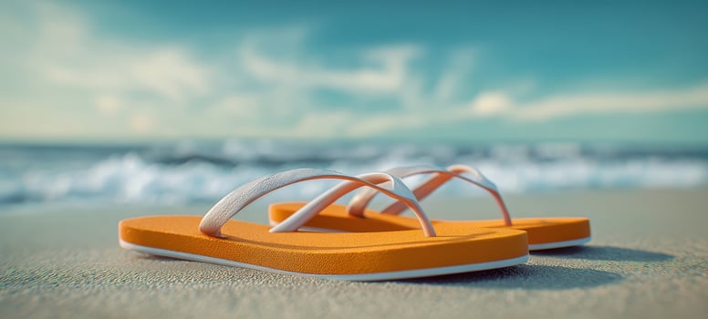 The vibrant orange flip flops resting on the sandy beach with waves. photo