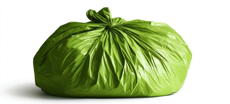 The vibrant green garbage bag ready for waste disposal on a clean surface. photo