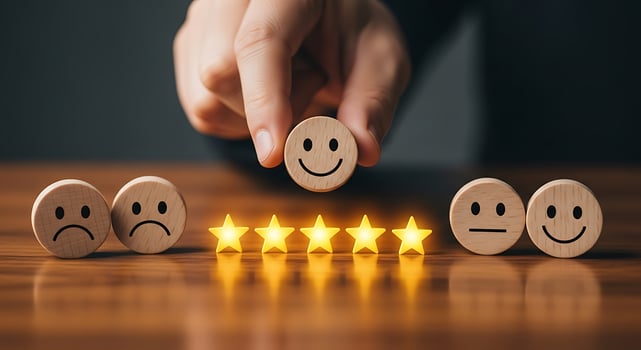 Customer selects a happy face for a fivestar rating photo