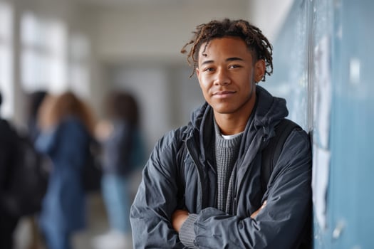 Confident Black teen asserting boundaries among peers in a lively school environment photo