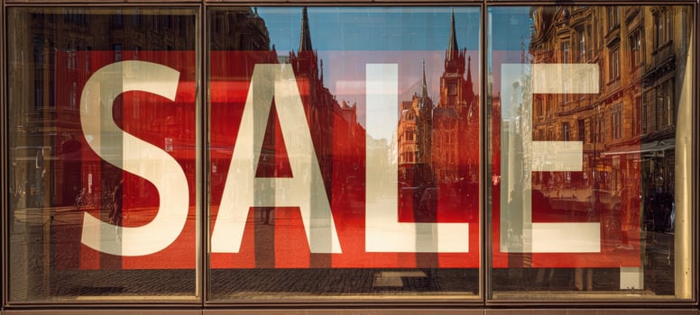 The vibrant sale sign reflecting a beautiful urban landscape outside the store. photo