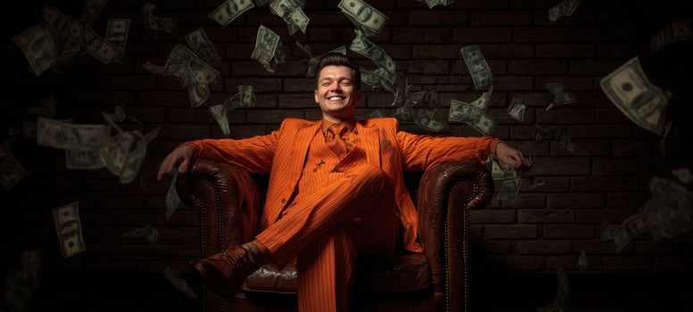 The confident businessman surrounded by falling money in a stylish setting. photo