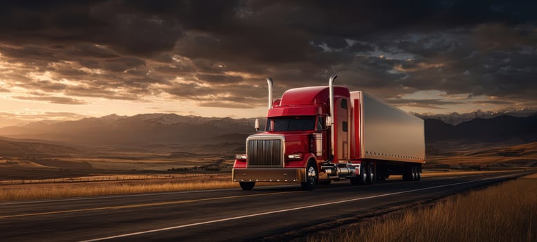 The striking red truck navigating an open highway at sunset. photo