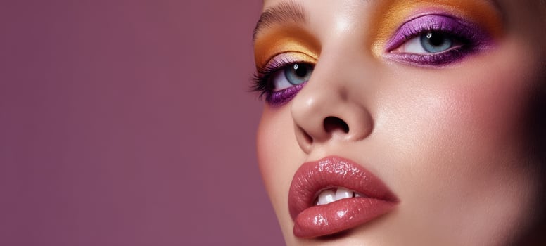 The stunning model showcases vibrant makeup in a captivating close-up portrait. photo