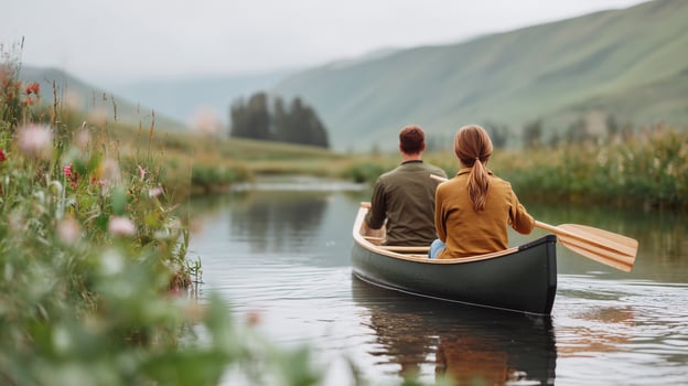 Couple canoeing on a calm river photo