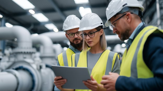 Industrial quality control team with safety helmets reviewing production data on tablet in modern manufacturing facility. Professional engineers inspecting factory operations and processes. photo