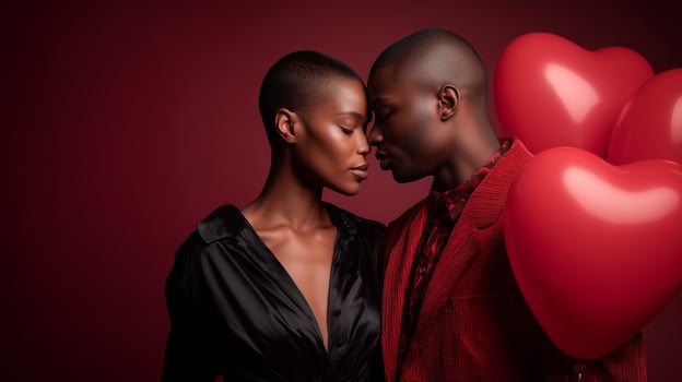 Romantic African American couple celebrating Valentine's Day with red heart balloons. Intimate portrait showing love and passion. Perfect for romantic holiday concepts and relationship themes. photo