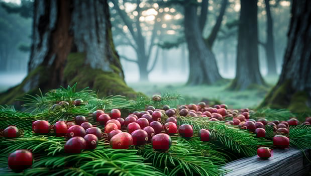 Cranberry Arrangement with Evergreen Branches and Foggy Forest Background photo