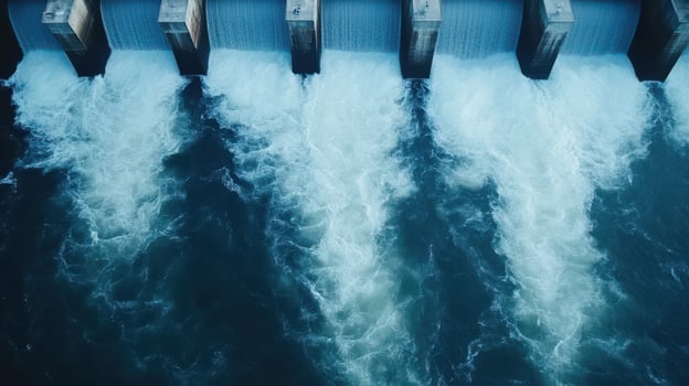 Hydroelectric dam with water rushing over spillways photo