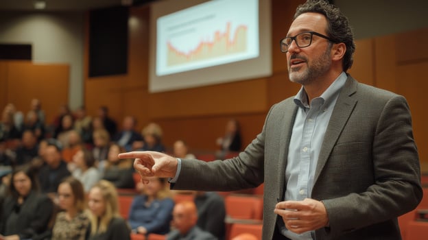 CEO presenting annual revenue growth to engaged audience photo