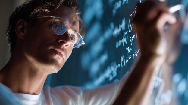 Young scholar solving complex equations on a transparent board in a dimly lit study at night photo