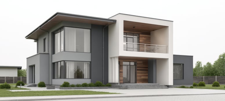 The modern house with stylish facade and inviting entrance design. photo