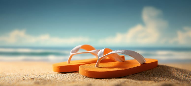 The vibrant flip-flops resting on sandy beach with ocean waves in background. photo