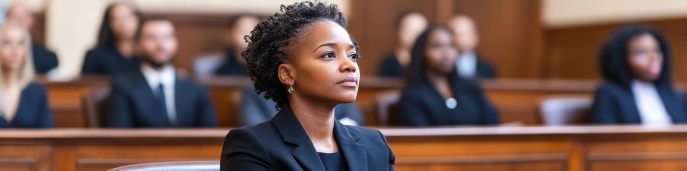 Middle-aged Black translator focused on work in courtroom setting emphasizes dedication to justice and communication photo