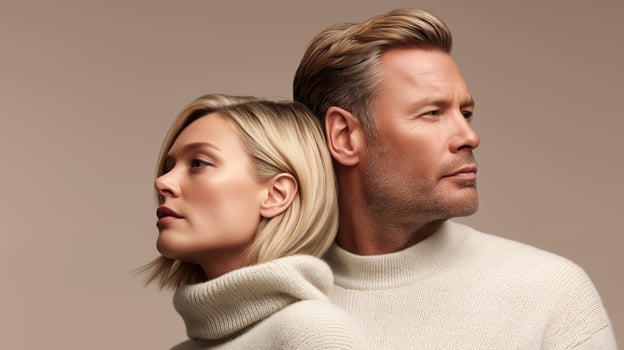 Couple sitting back to back looking in different directions showing relationship conflict and emotional distance. Man and woman in neutral sweaters depicting marital problems. photo