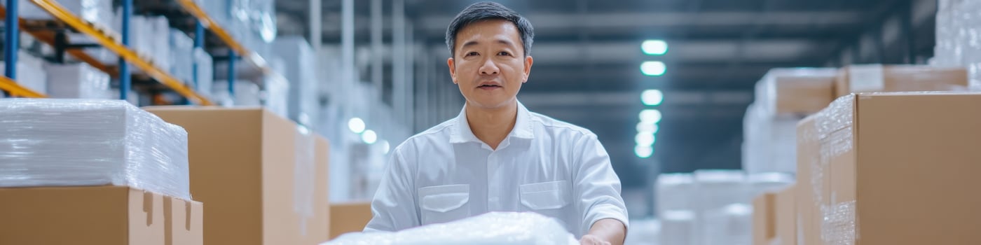 Middle-aged Asian male transporter pushing a cart in a factory demonstrating hard work and dedication photo