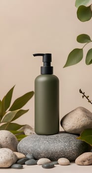 Olive Green Pump Bottle On Natural Stones With Eucalyptus Leaves photo