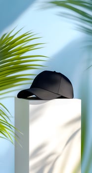 Black baseball cap on white pedestal with palm leaves photo