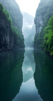 Misty River Gorge With Steep Cliffs And Calm Water Reflections photo