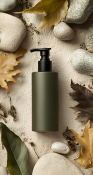 Olive green cosmetic bottle with natural elements mockup photo