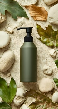 Green bottle of soap with leaves and stones on a background photo