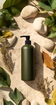 Dark Green Cosmetic Bottle With Natural Elements pump dispenser photo