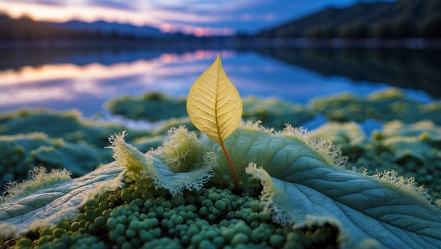 Single Leaf Emerging Near Lake During Sunset with Dramatic Sky photo