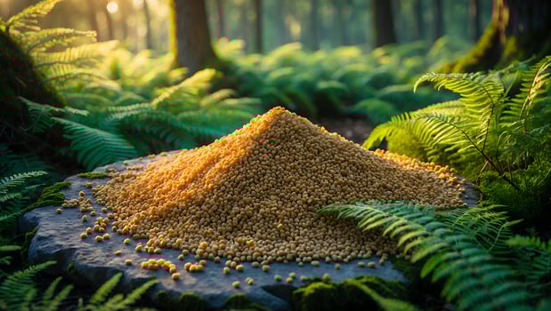 Pile of Small Round Seeds on Rock in Forest Setting photo