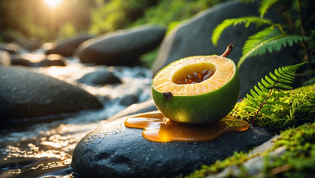Cut Passion Fruit on Rock with River and Mossy Background photo