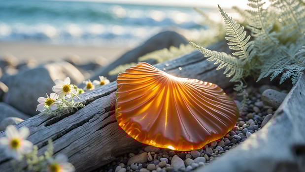 Seashell Still Life on Beach with Flowers and Ocean View photo