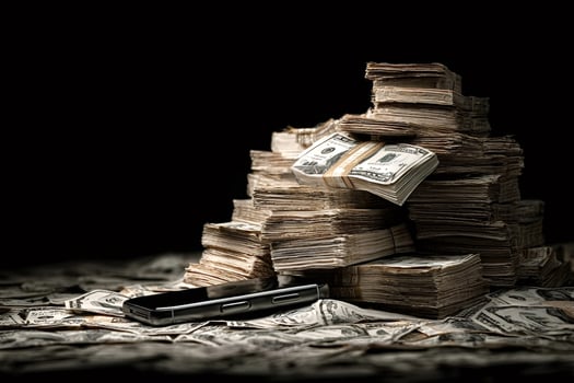 Mobile phone lying on dollar bills with stacks of money behind photo