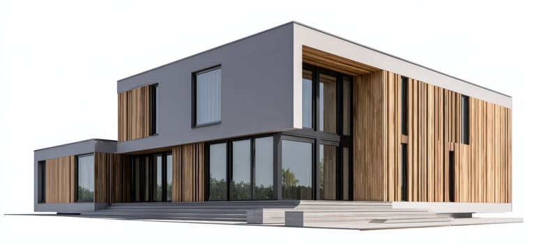 The stunning modern house with sleek wooden and glass elements. photo